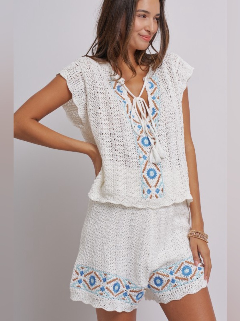 Ivory and Blue Crochet Two-Piece Tank and Shorts Set with Blue & Tan Embroidery